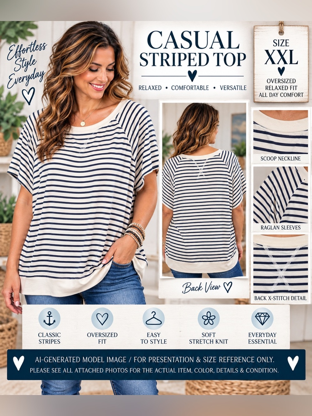 Navy Ivory Striped Oversized Raglan Short Sleeve Top XXL